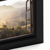 Extra large framed canvas featuring a close-up of a black architectural window design with colorful, textured art accents.