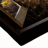 Black and white landscape art painting on stretched canvas featuring a detailed architectural window design.