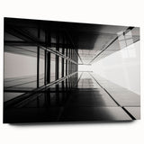 Large abstract wall art on acrylic glass, featuring geometric patterns in muted grays and blues.