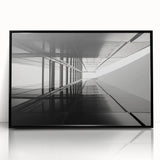 Large abstract wall art featuring geometric shapes in black and white, framed in acrylic.