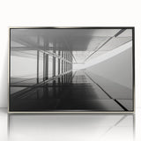 Art Deco poster of a geometric window design in silver and gray tones, framed acrylic print.