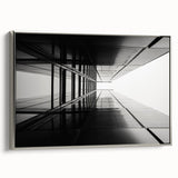 Vintage poster art of an architectural window design in silver frame on canvas.