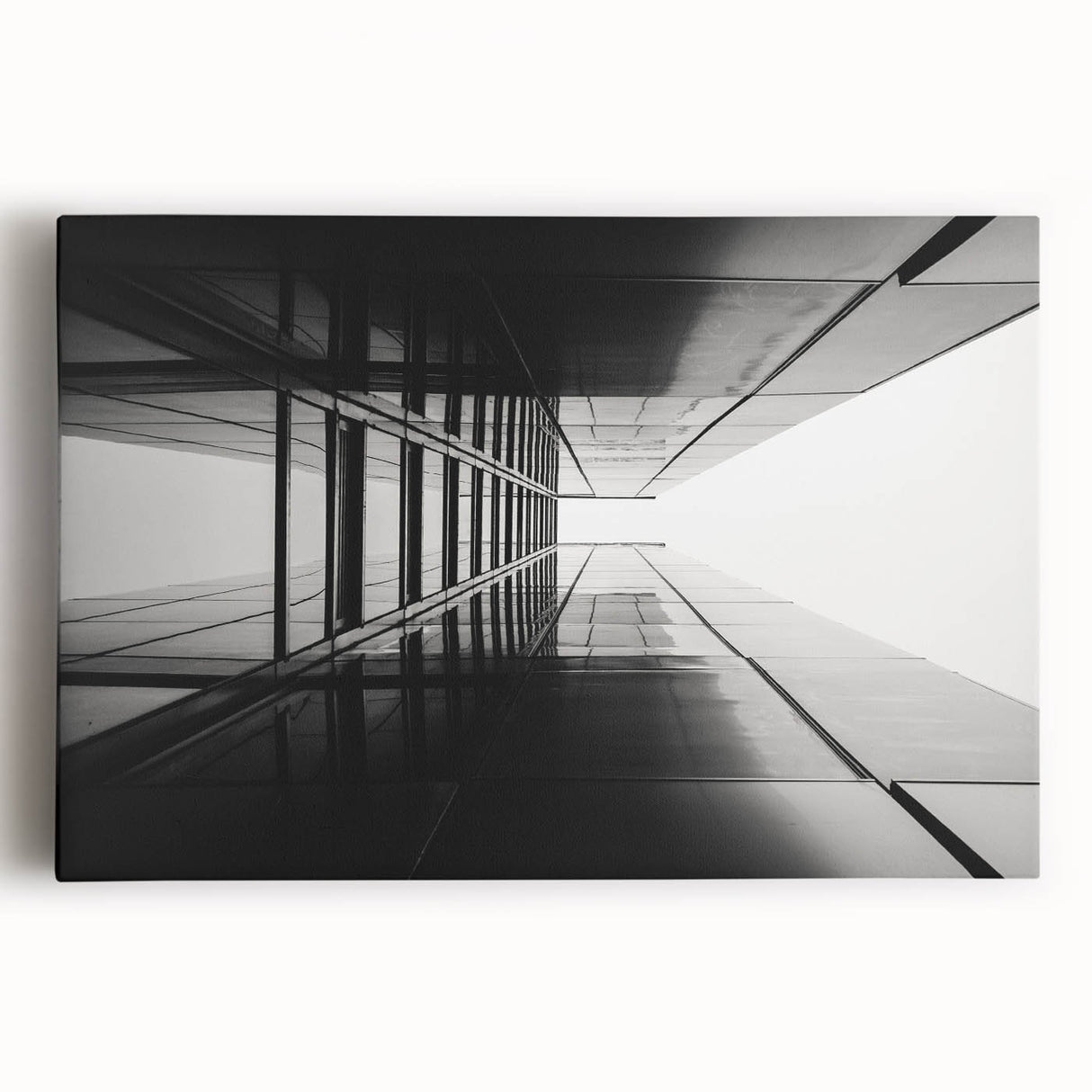 Black and white photograph of an architectural window design on stretched canvas, suitable for kitchen wall art.