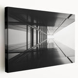 Side view of a large stretched canvas featuring a detailed architectural window design in muted gray tones.