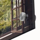 Mid-century modernist abstract window design in muted brown and beige, acrylic glass print, ideal for dining room art.