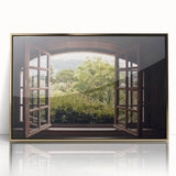 Mid-century modernist acrylic print of architectural windows in gold frame, ideal for nursery wall art.