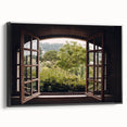 Black and white framed canvas featuring a vintage landscape window design, ideal for bedroom wall decor.