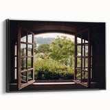 Black and white framed canvas featuring a vintage landscape window design, ideal for bedroom wall decor.