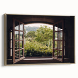 Framed canvas featuring a vintage-style landscape painting with vivid colors and black architectural elements.