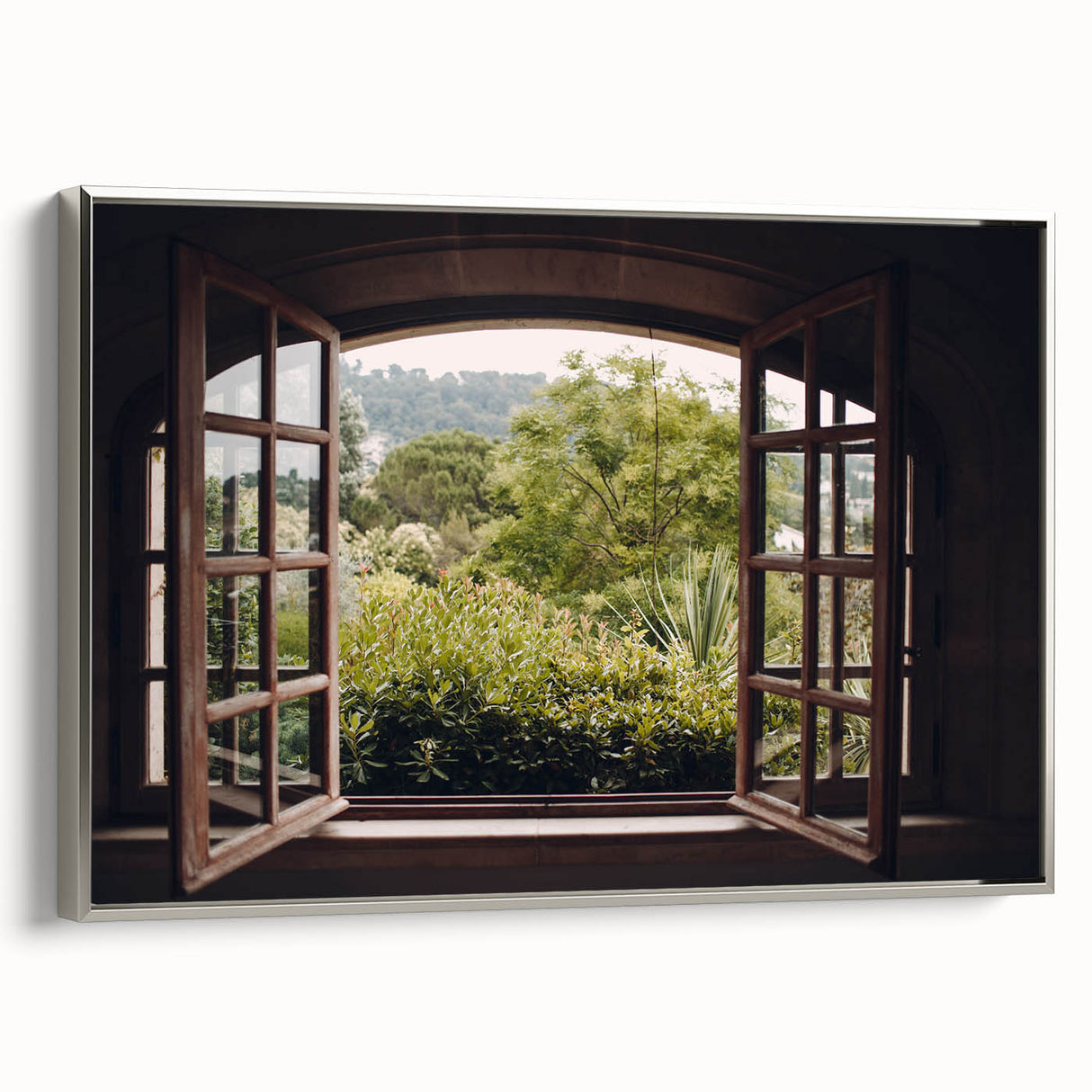 Vintage poster art of an architectural window design in colorful tones on a large framed canvas, ideal for living room decor.