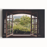 Black and white photograph of intricate window architecture on stretched canvas, ideal for kitchen wall art.