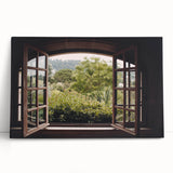 Black and white photograph of arched windows on stretched canvas, ideal for kitchen wall art or bedroom ambiance.