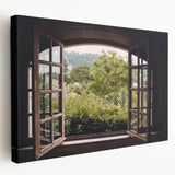 Large stretched canvas featuring a close-up view of intricate window architecture in monochrome, ideal for kitchen wall art.