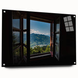 Large abstract wall art on acrylic glass featuring a geometric window design in muted gray tones.