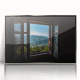 Art Deco-style poster of geometric windows, in silver and gray tones, framed in acrylic.