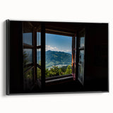 Black and white photo of a vintage architectural window design on a framed canvas, suitable for bedroom wall decor.