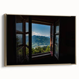 Framed canvas landscape art painting featuring a vintage poster design of colorful, abstract windows on a black background.