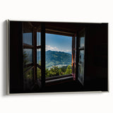 Vintage poster art of an architectural window design in black and colorful hues on extra large framed canvas.