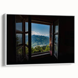 Framed canvas featuring a black and white vintage poster of architectural window designs, ideal for bedroom wall art.