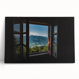 Black and white photograph of an architectural window design on stretched canvas.