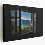 Large art print of a geometric window design in monochrome tones on stretched canvas, ideal for kitchen wall decor.