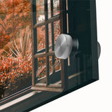 Large abstract wall art on acrylic glass featuring a mid-century modernist window design in muted colors.