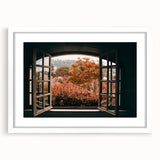 Extra large abstract art print featuring a textured window design in muted tones, framed with a white mat.