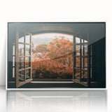 Mid-century modernist architectural window design in white, acrylic framed large art print, suitable for nursery wall art.