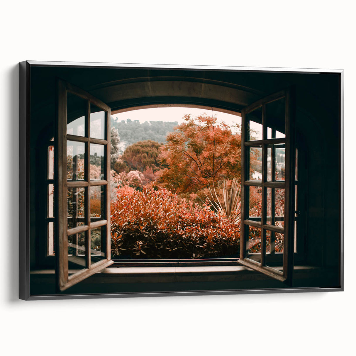 Black and white vintage poster art of architectural windows on framed canvas, suited for bedroom decor.