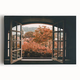 Black and white photo of intricate window designs on a large stretched canvas, ideal for kitchen wall art.