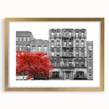 Textured art print of an abstract window design in gold frame, suited for bedroom art, features neutral and gray tones.