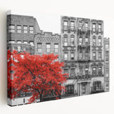 Large art print of an architectural window design on stretched canvas, featuring neutral and gray tones.