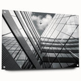 Large abstract wall art on acrylic glass featuring swirling gray and white patterns.