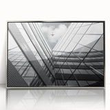 Art deco poster featuring abstract architecture in monochrome silver tones, acrylic print framed.