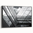 Framed canvas featuring a black and white abstract architectural landscape, ideal for bedroom wall decor.