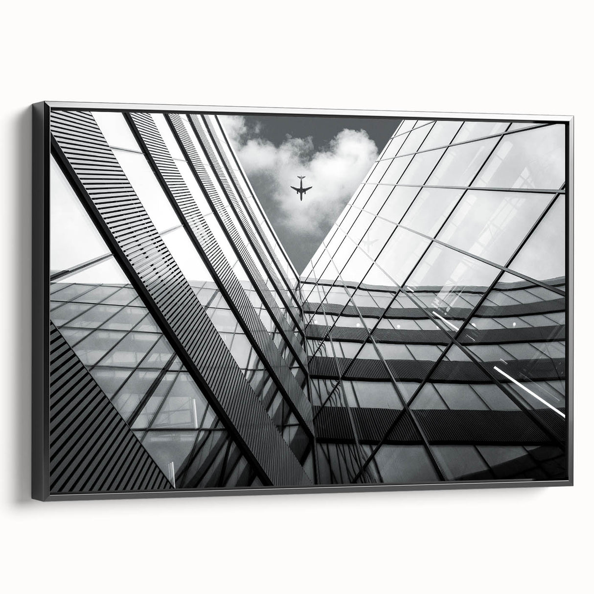 Framed canvas featuring a black and white abstract architectural landscape, ideal for bedroom wall decor.