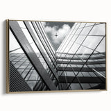 Framed canvas featuring an abstract landscape painting with bold black and colorful elements in a vintage poster style.