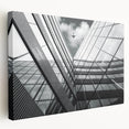 Abstract architectural design on stretched canvas with cool gray and blue tones, suitable for kitchen wall art.