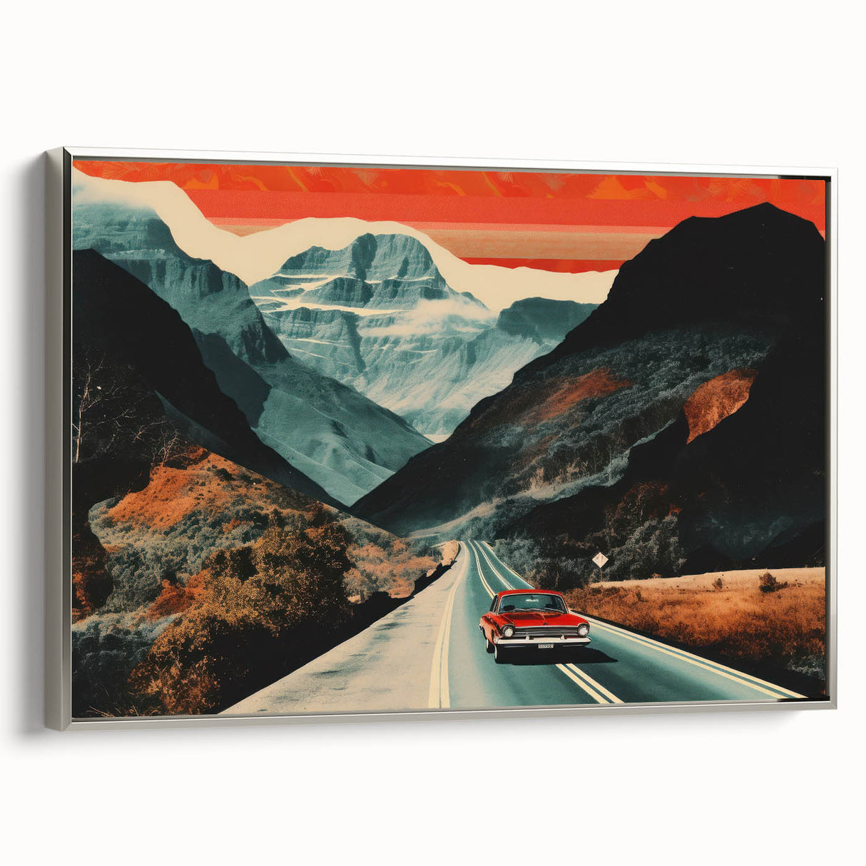Boho Wall Art - Retro Road Trip Car in Colorful Mountain Landscape Canvas