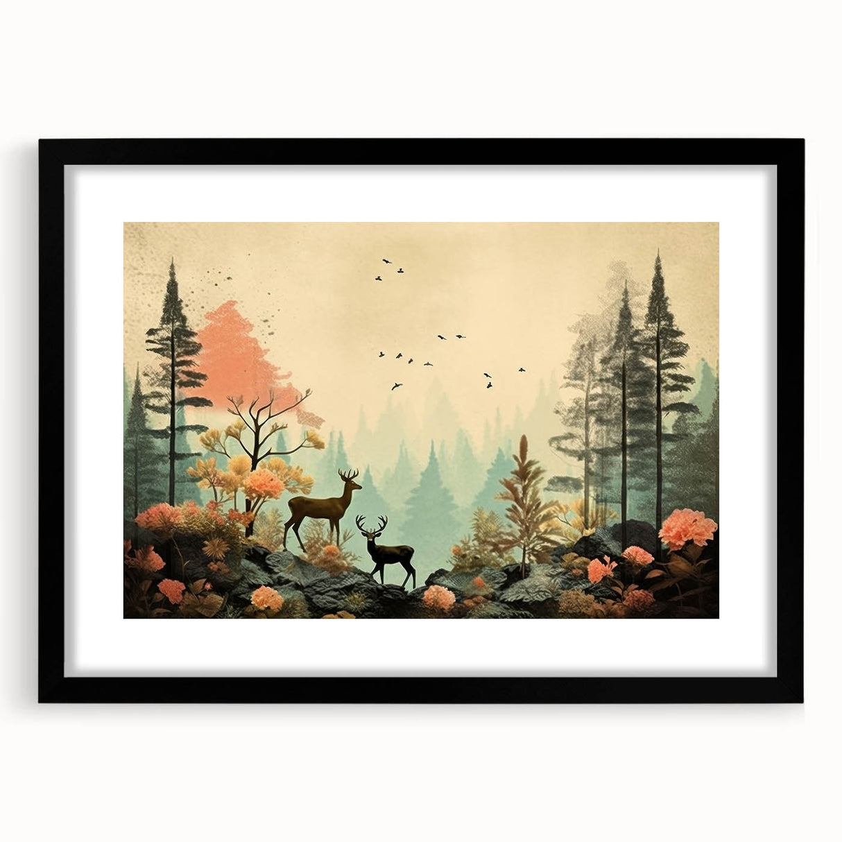 Boho Wall Art - Serene Forest Landscape with Deer Bohemian Canvas Art