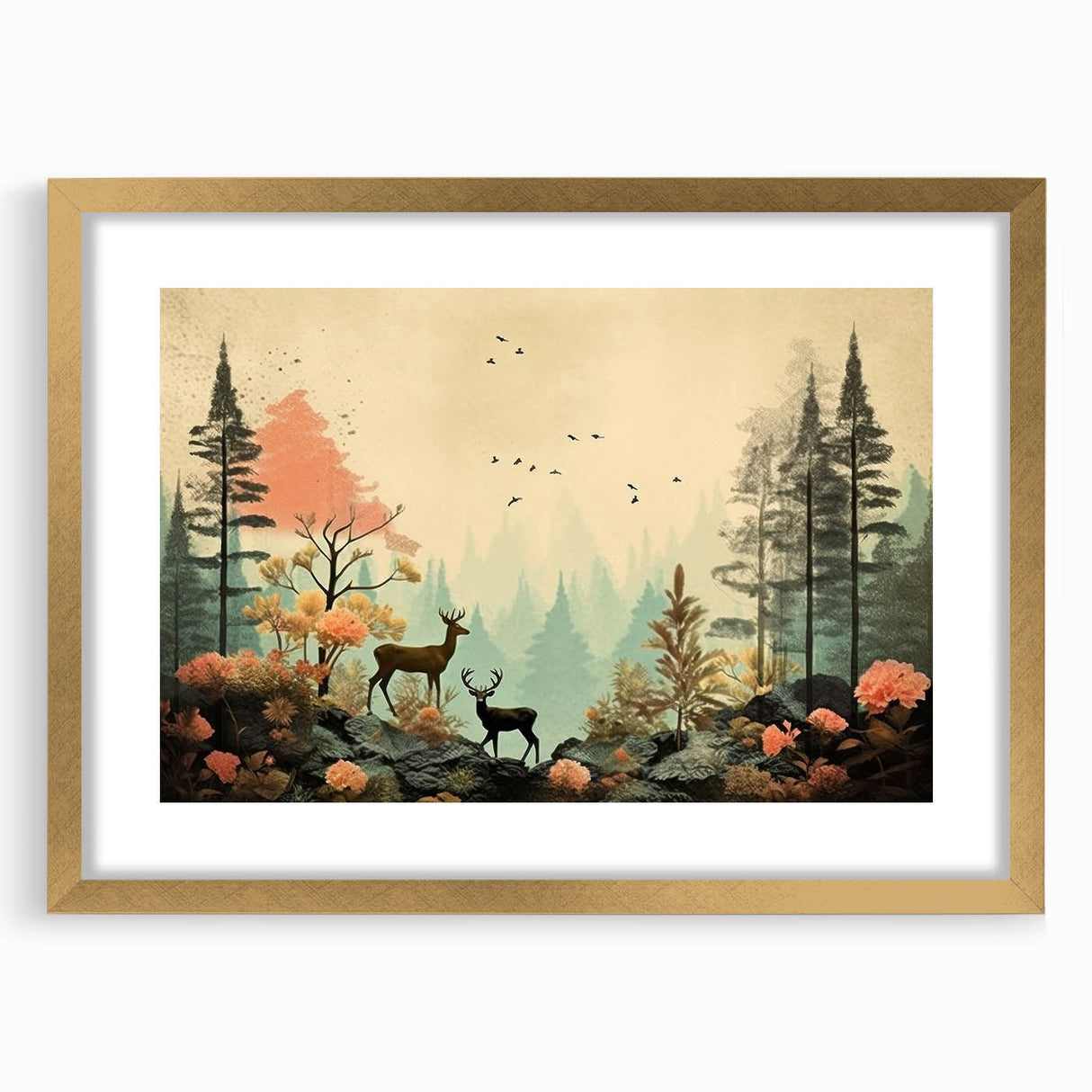 Boho Wall Art - Serene Forest Landscape with Deer Bohemian Canvas Art