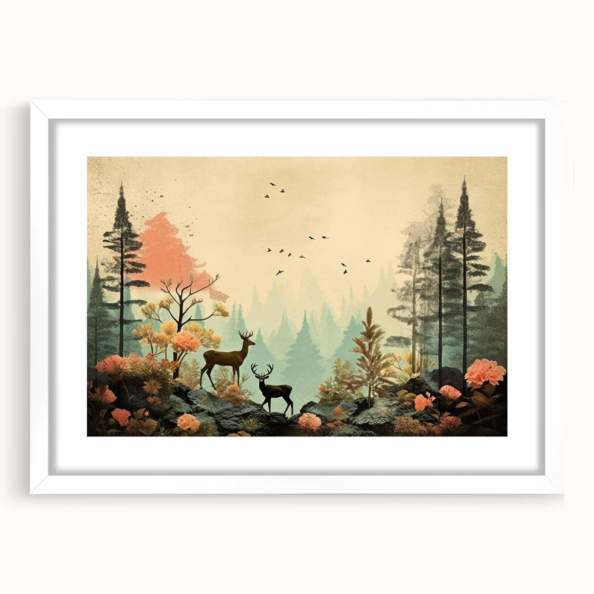 Boho Wall Art - Serene Forest Landscape with Deer Bohemian Canvas Art