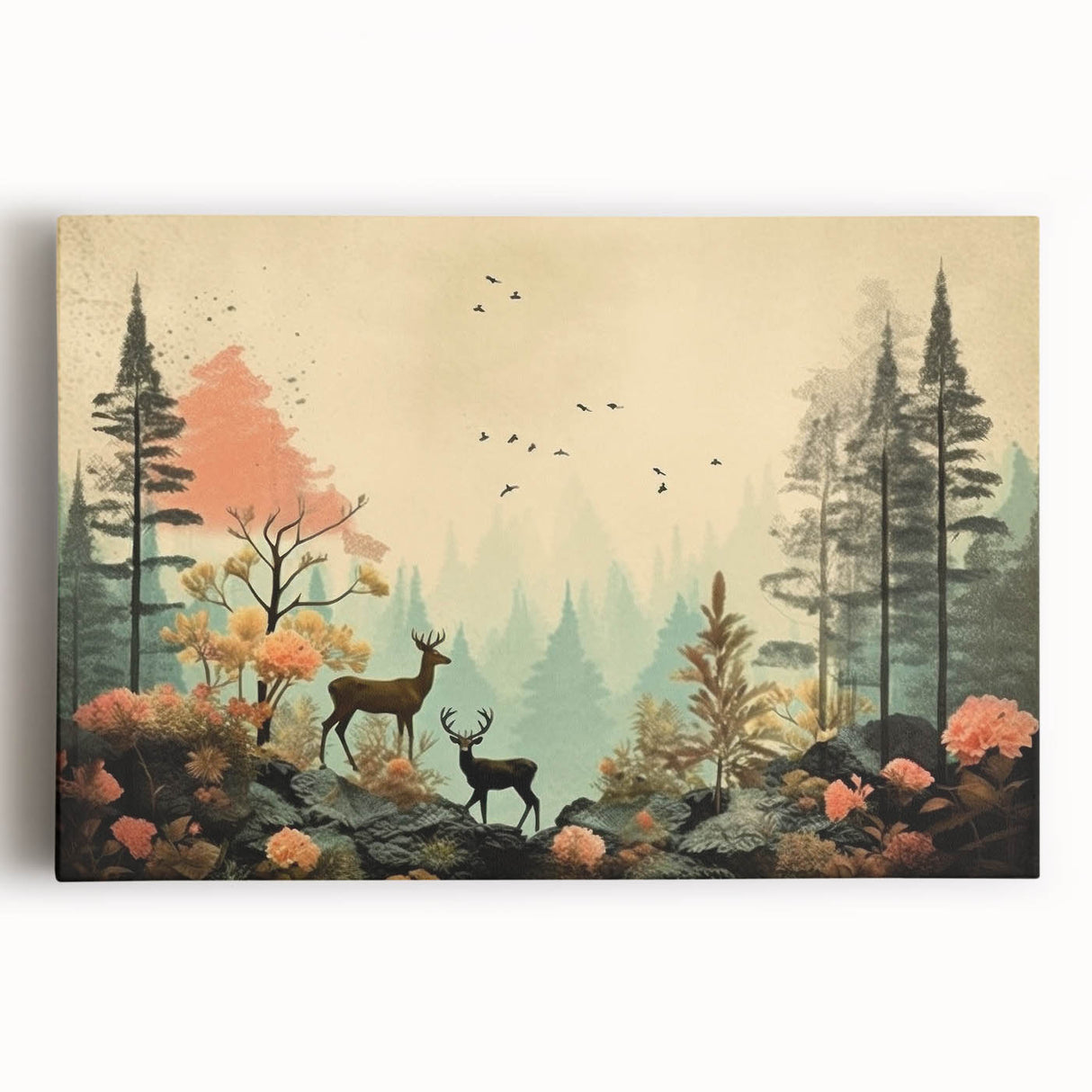 Boho Wall Art - Serene Forest Landscape with Deer Bohemian Canvas Art