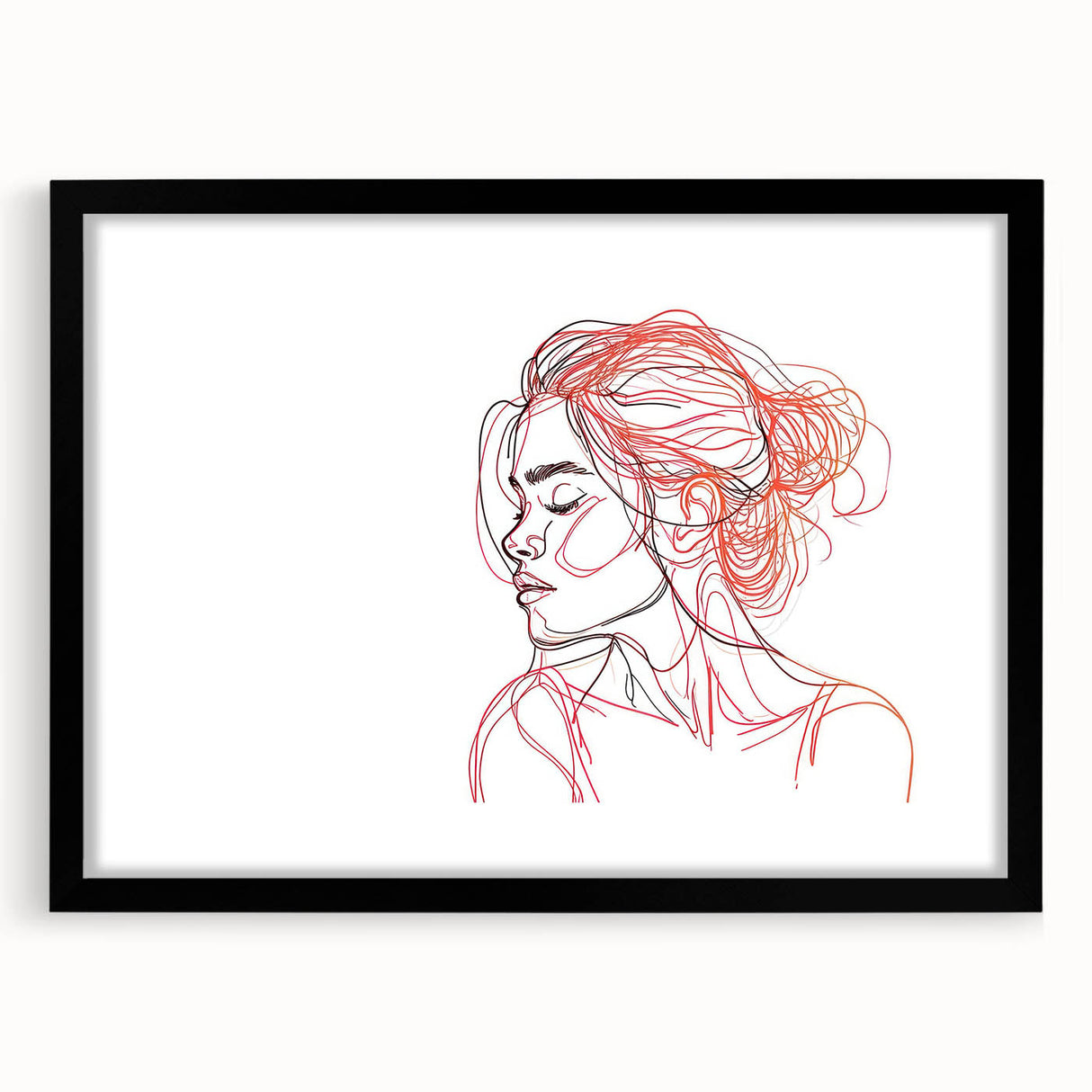 Boho Chic Wall Art - Abstract Line Art Female Portrait in Red and Black