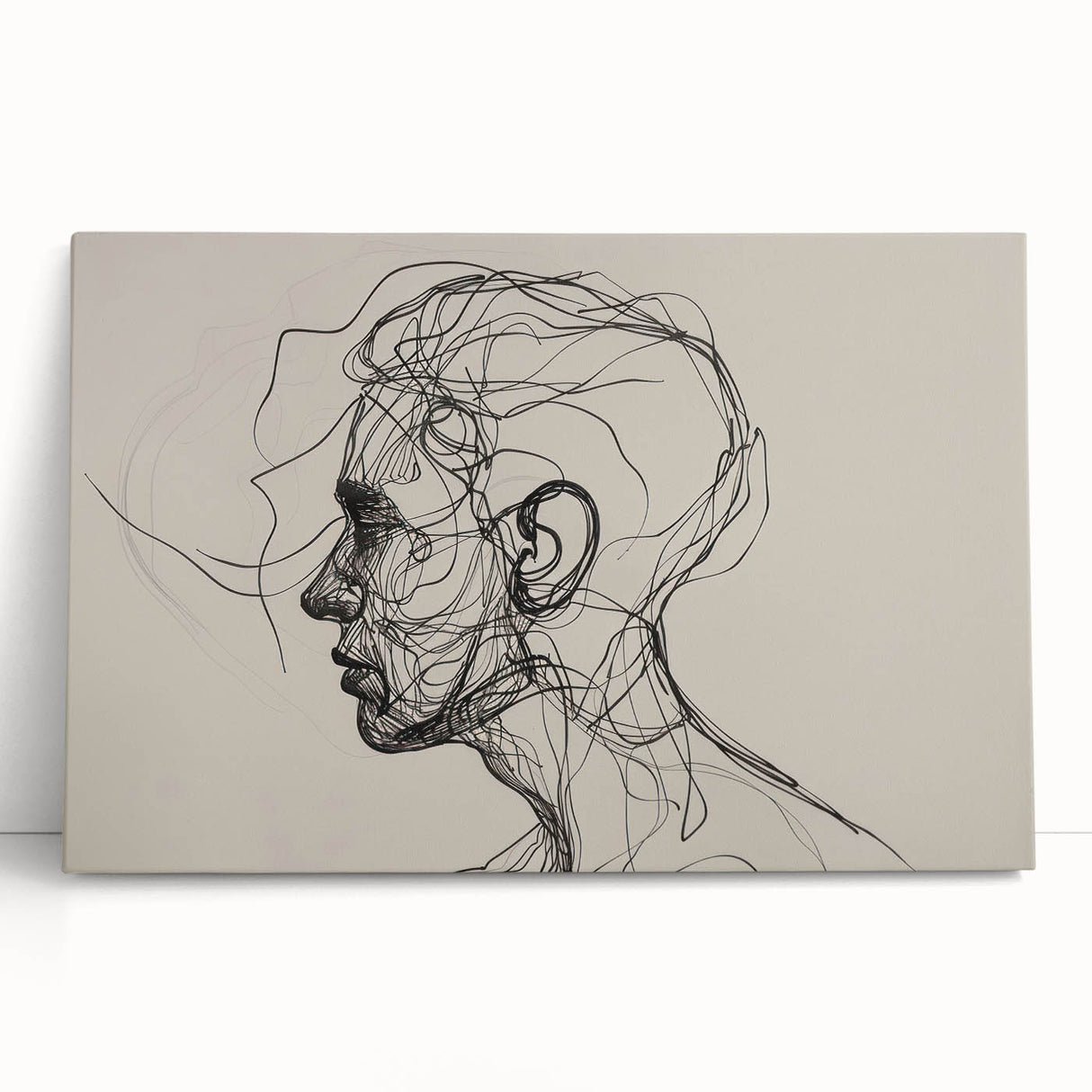 Boho Wall Decor - Abstract Line Art Portrait in Black Bohemian Canvas