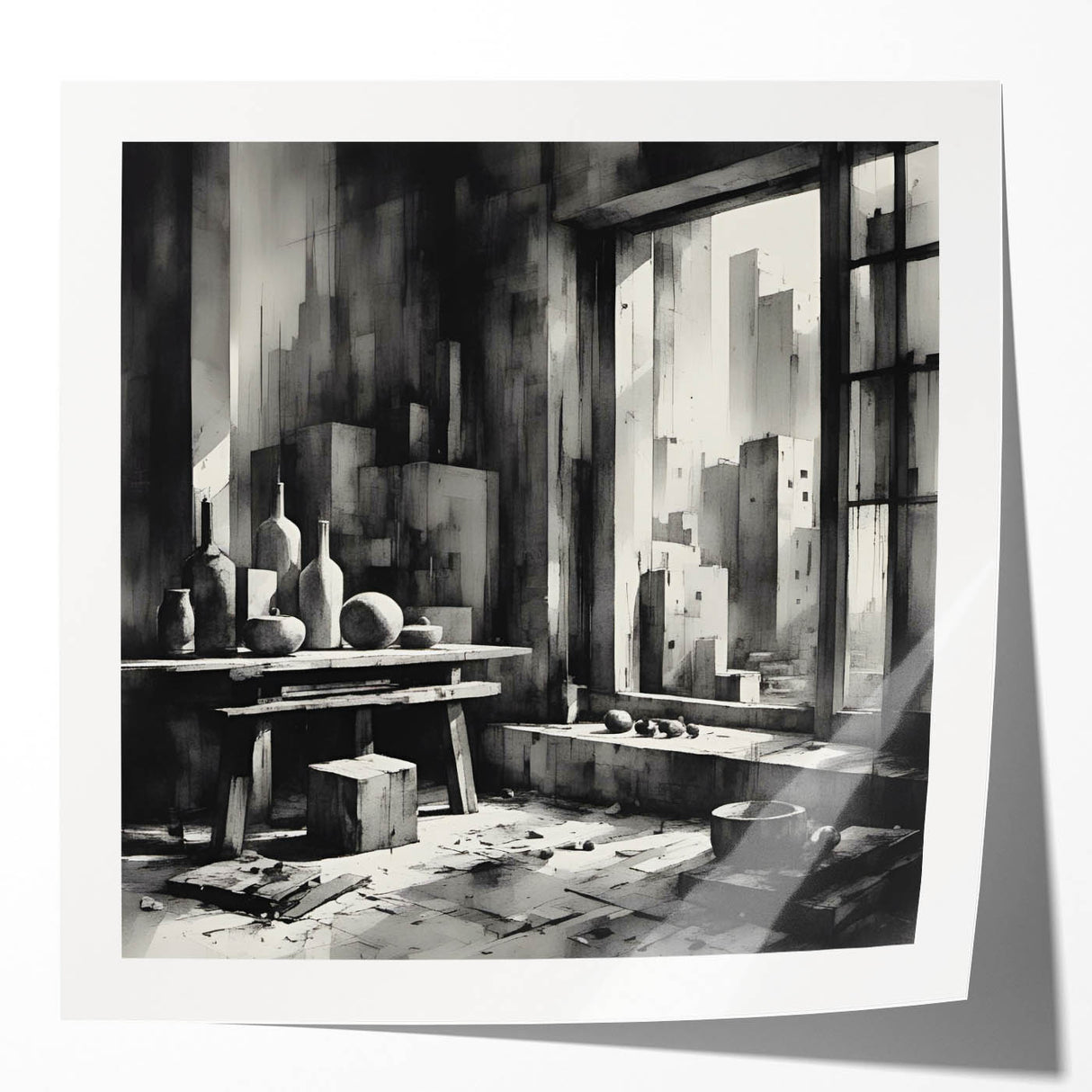 Brutalist Wall Art | Geometric Still Life with Concrete Cityscape | Canvas