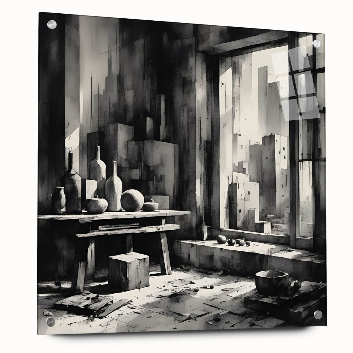Brutalist Wall Art | Geometric Still Life with Concrete Cityscape | Canvas