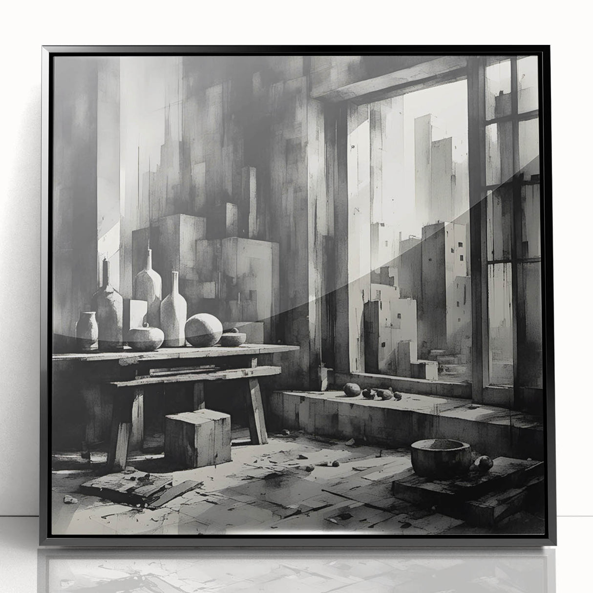 Brutalist Wall Art | Geometric Still Life with Concrete Cityscape | Canvas