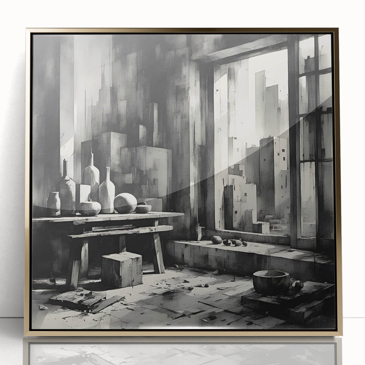 Brutalist Wall Art | Geometric Still Life with Concrete Cityscape | Canvas