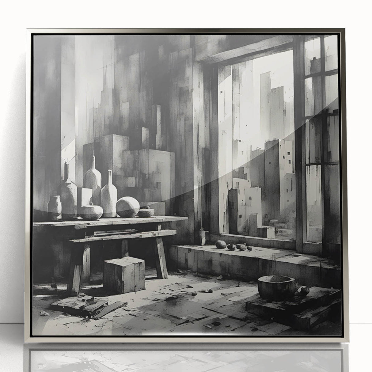 Brutalist Wall Art | Geometric Still Life with Concrete Cityscape | Canvas